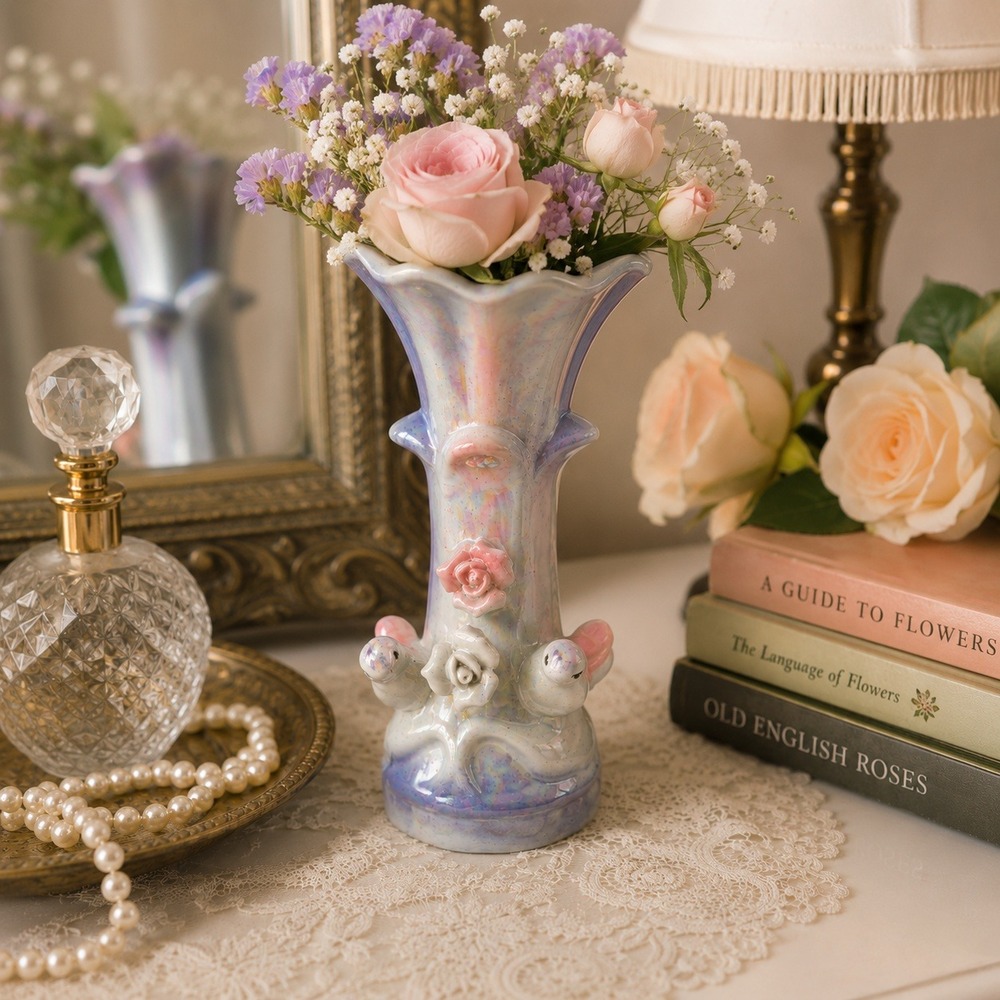 Vintage Iridescent Lusterware Bird Bud Vase Pink Blue Roses Japan 7.5" Ceramic